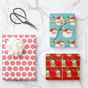 Kerstman, Pepermuntjes, Kerstelf op Rood Inpakpapier Vel