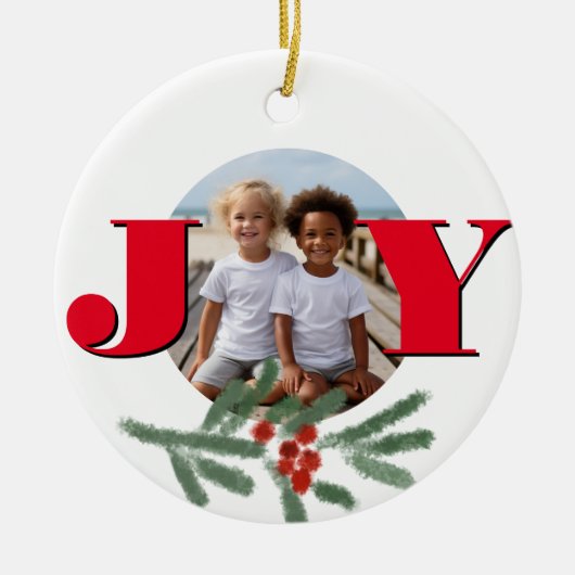 Kerstman personaliseren JOY Holly foto template Keramisch Ornament (Voorkant)