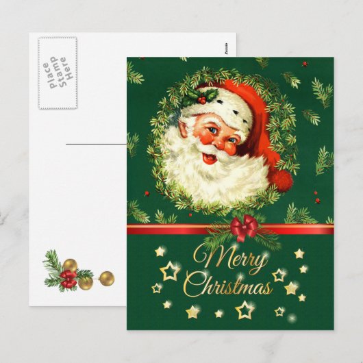  Kerstman, pijnboomkrans, Holly Christmas Feestdagenkaart (Voorkant / Achterkant)