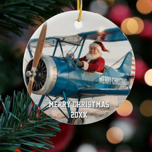 Kerstman Piloot Vliegt in Vliegtuig Grappige Foto Keramisch Ornament