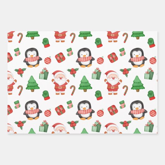 Kerstman, Pinguïn en Decoraties Inpakpapier Vel (Voorkant 3)