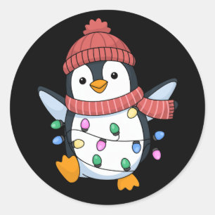 Kerstman Pinguïn Lichtjes Kerst Pinguïns Xmas Ronde Sticker