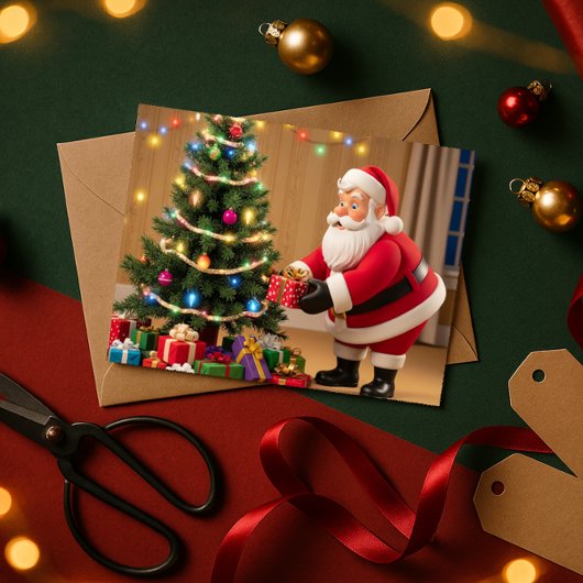 Kerstman plaatst cadeaus onder de kerstboom Kaart