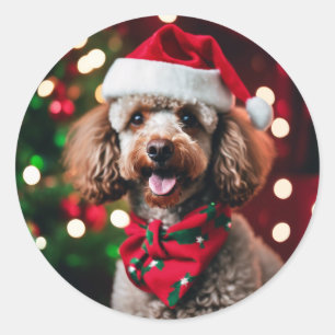 Kerstman Poedel Kerstfoto Sjabloon Huisdieren Ronde Sticker