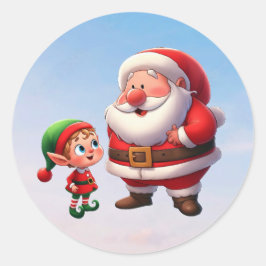 Kerstman praat met een schattige kerstelf ronde sticker