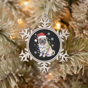 Kerstman Pug Kerstverlichting Xmas Hond Liefhebber Tin Sneeuwvlok Ornament
