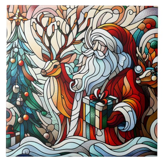 Kerstman, rendier en geschenken van bomen tegeltje (Voorkant)