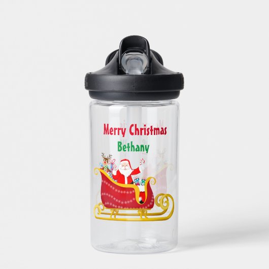 Kerstman, rendier in kerstslee personaliseren waterfles (Voorkant)