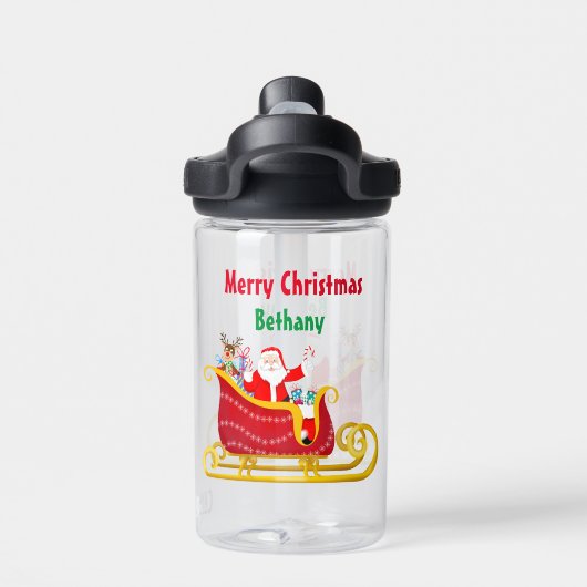 Kerstman, rendier in kerstslee personaliseren waterfles (Achterkant)