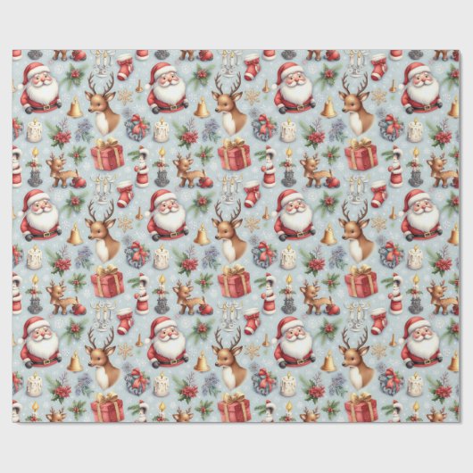 Kerstman & rendier kerstcadeau inpakpapier (Vlak)