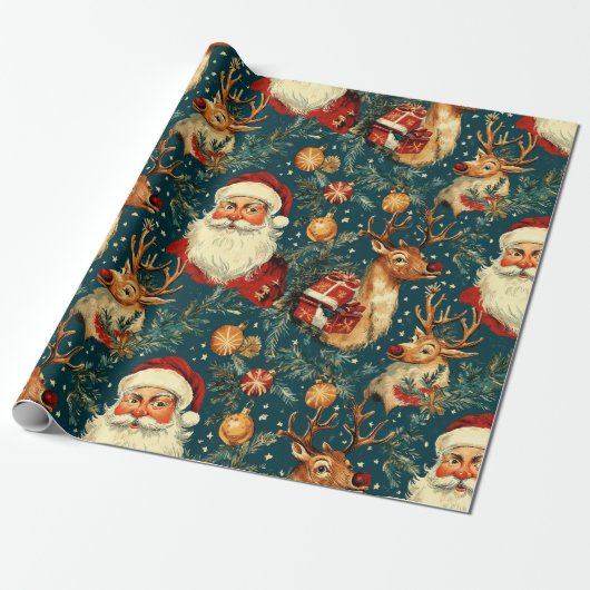 " Kerstman & Rendier Kerstmis Cadeaupapier (Uitgerold)