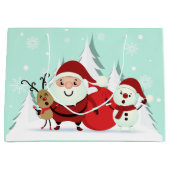 Kerstman, rendier & sneeuwman grote kerstcadeauzak large cadeautasje (Voorkant)