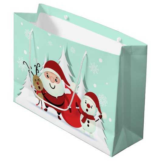 Kerstman, rendier & sneeuwman grote kerstcadeauzak large cadeautasje (Voorkant Gekanteld)