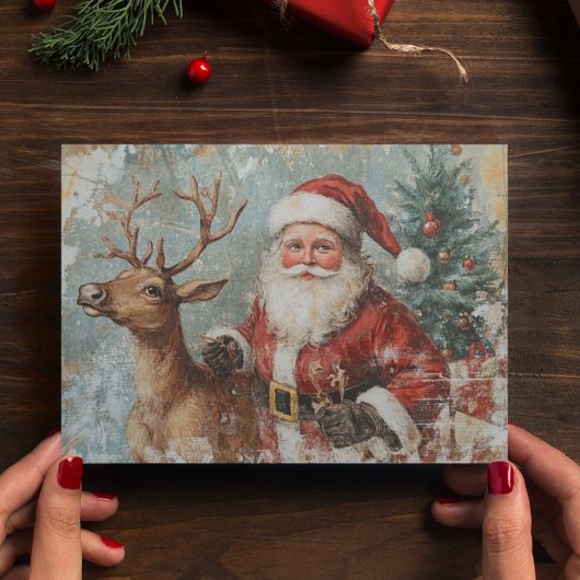 Kerstman Rendier Vintage Decoupage Kerstmis Briefkaart