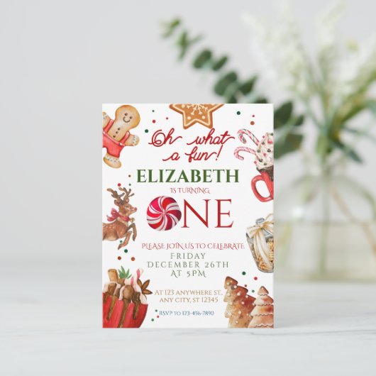 Kerstman rendier wat een leuke 1e verjaardag briefkaart (Staand voorkant)