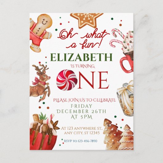 Kerstman rendier wat een leuke 1e verjaardag briefkaart (Voorkant)