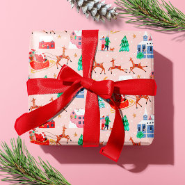 Kerstman & Rendieren Roze Kerstmis Noordse Dorp Cadeaupapier