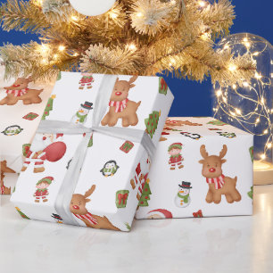 Kerstman, rendieren, sneeuwman, pinguïn cadeaupapier