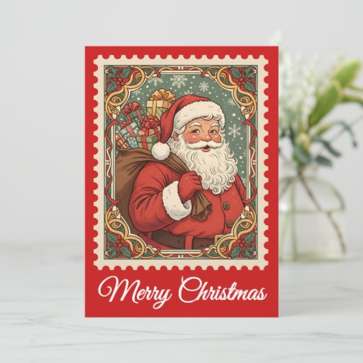 kerstman | Retro Postzegel Kerst Kaart (Staand voorkant)