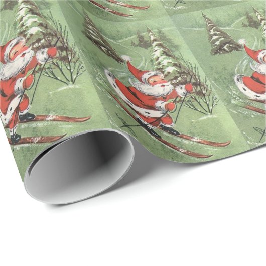 Kerstman  Retro Santa Claus op Skis Cadeaupapier (Rol Hoek)