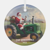 Kerstman Rijden een groene tractor Glas Ornament (Voorkant)