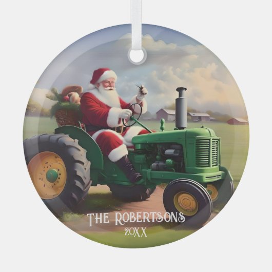 Kerstman Rijden een groene tractor Glas Ornament (Voorkant)