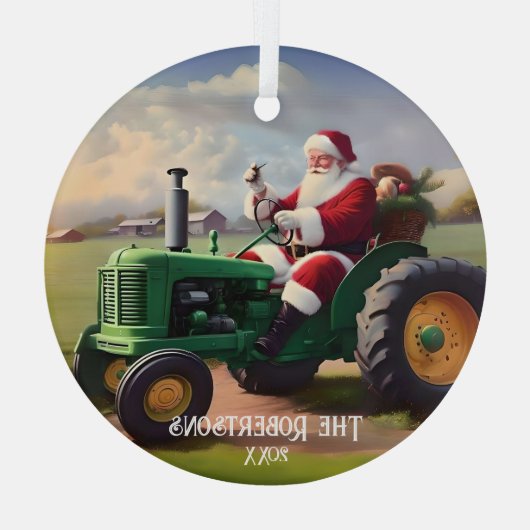 Kerstman Rijden een groene tractor Glas Ornament (Achterkant)