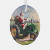 Kerstman Rijden een groene tractor Glas Ornament (Voorkant Rechts)