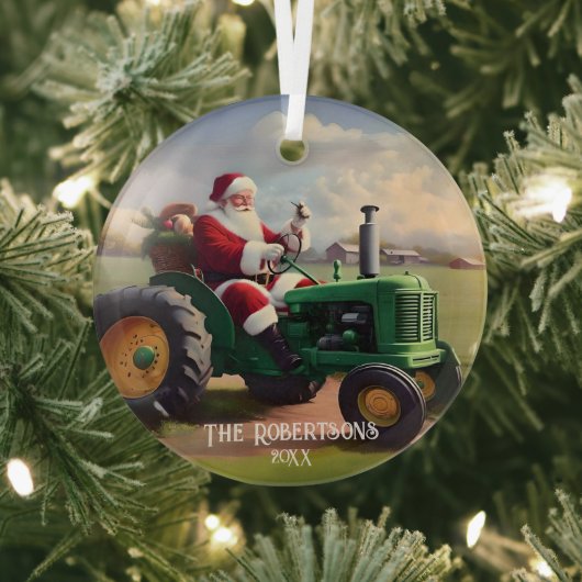 Kerstman Rijden een groene tractor Glas Ornament (Insitu)