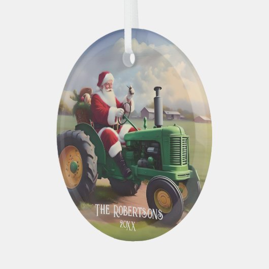 Kerstman Rijden een groene tractor Glas Ornament (Voorkant links)