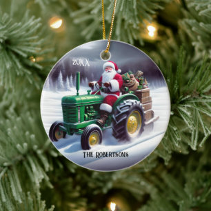 Kerstman Rijden een groene tractor Keramisch Ornament