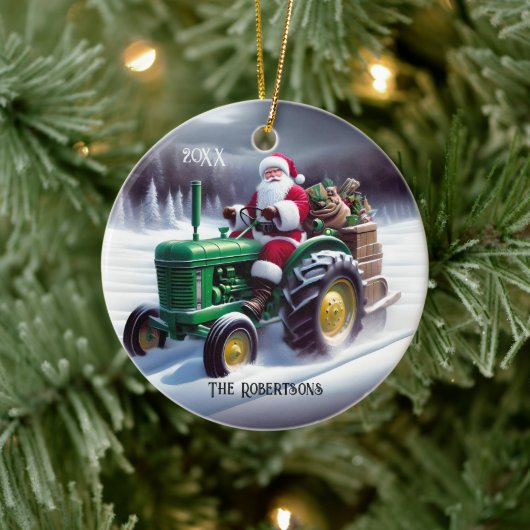 Kerstman Rijden een groene tractor Keramisch Ornament (Boom)
