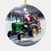 Kerstman Rijden een groene tractor Keramisch Ornament (Voorkant)
