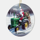 Kerstman Rijden een groene tractor Keramisch Ornament (Links)
