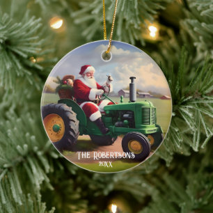 Kerstman Rijden een groene tractor Keramisch Ornament