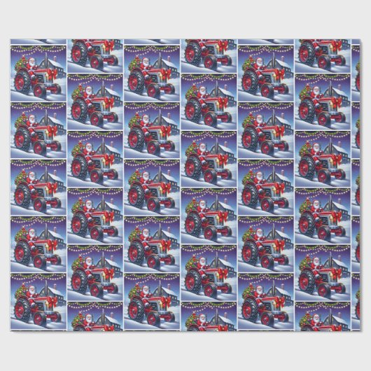 Kerstman Rijden Een Rode Tractor In De Sneeuw Kers Cadeaupapier (Vlak)