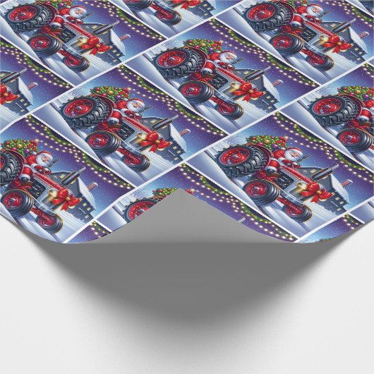 Kerstman Rijden Een Rode Tractor In De Sneeuw Kers Cadeaupapier (Hoek)
