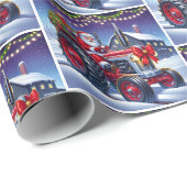 Kerstman Rijden Een Rode Tractor In De Sneeuw Kers Cadeaupapier (Rol Hoek)