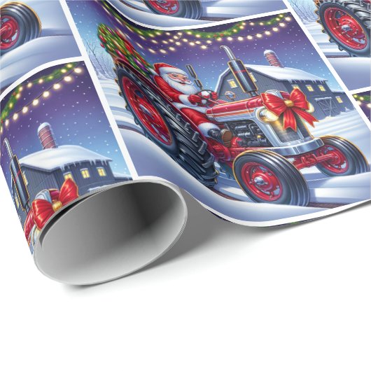 Kerstman Rijden Een Rode Tractor In De Sneeuw Kers Cadeaupapier (Rol Hoek)