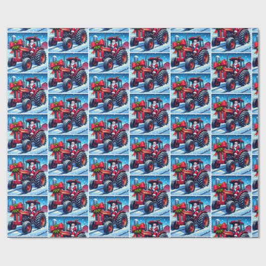 Kerstman Rijden Een Rode Tractor In De Sneeuw Kers Cadeaupapier (Vlak)