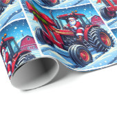 Kerstman Rijden Een Rode Tractor In De Sneeuw Kers Cadeaupapier (Rol Hoek)
