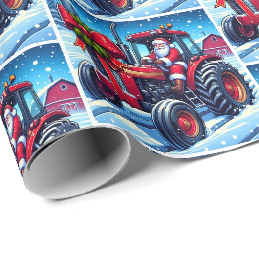 Kerstman Rijden Een Rode Tractor In De Sneeuw Kers Cadeaupapier (Rol Hoek)