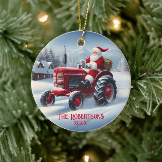 Kerstman Rijden een Rode Tractor Keramisch Ornament (Boom)