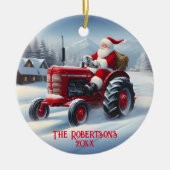 Kerstman Rijden een Rode Tractor Keramisch Ornament (Voorkant)