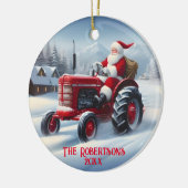 Kerstman Rijden een Rode Tractor Keramisch Ornament (Links)