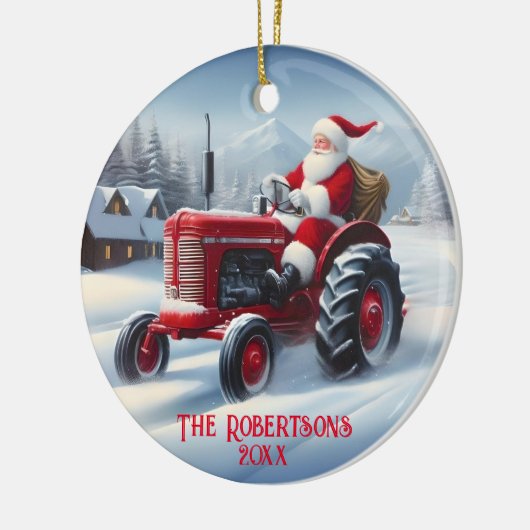 Kerstman Rijden een Rode Tractor Keramisch Ornament (Links)