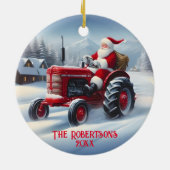 Kerstman Rijden een Rode Tractor Keramisch Ornament (Achterkant)