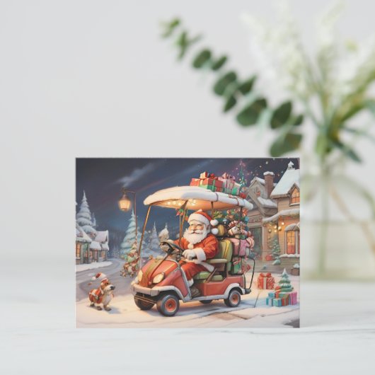 Kerstman rijden golfkar peperkoek huizen briefkaart (Staand voorkant)