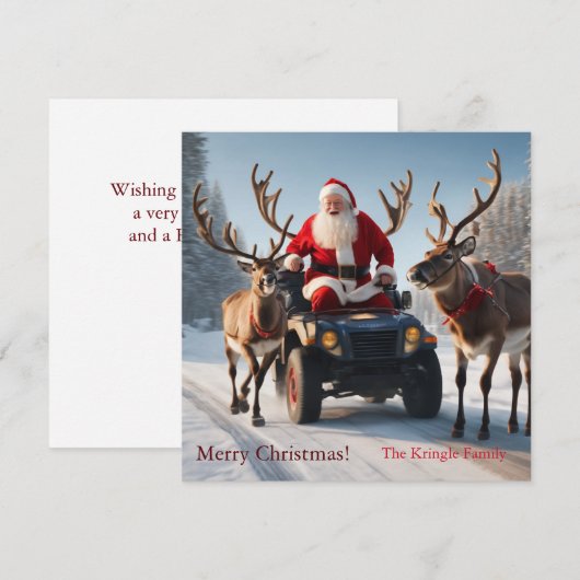 Kerstman rijden op een 4-wieler feestdagenkaart (Voorkant / Achterkant)
