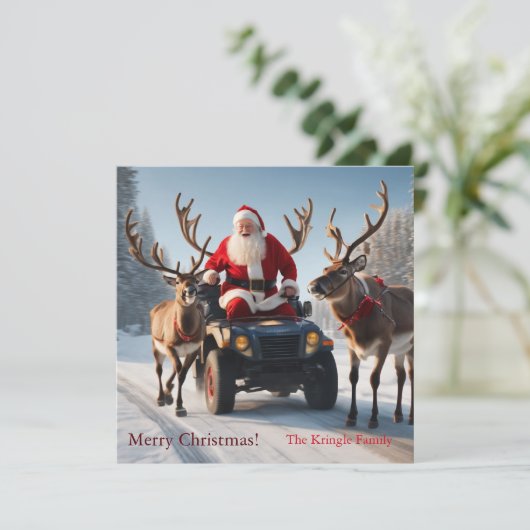 Kerstman rijden op een 4-wieler feestdagenkaart (Staand voorkant)